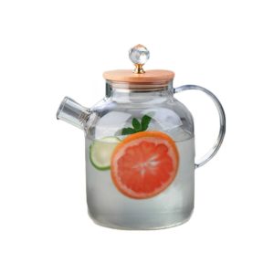 Teapot consists of a beautiful crystal clear teapot made from borosilicate glass and a bamboo lid. Heat resistant, can directly warm water on stove or induction stove.