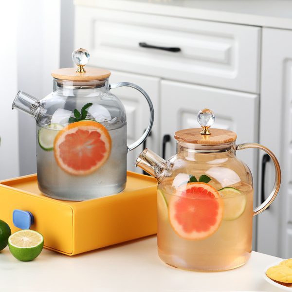 Teapot consists of a beautiful crystal clear teapot made from borosilicate glass and a bamboo lid. Heat resistant, can directly warm water on stove or induction stove.