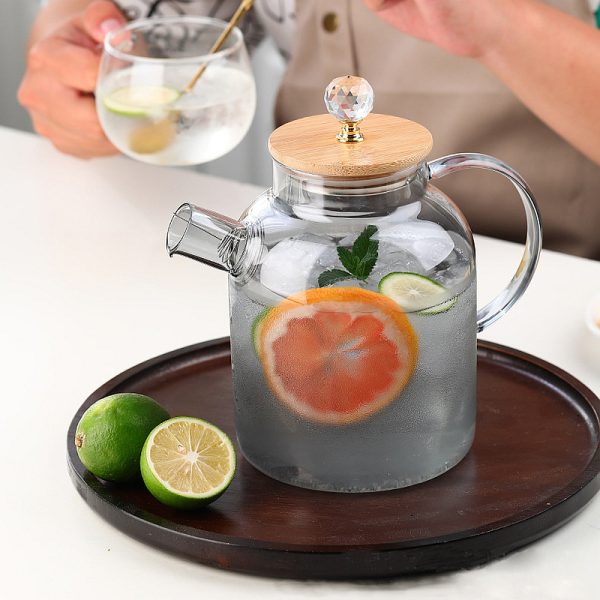 Teapot consists of a beautiful crystal clear teapot made from borosilicate glass and a bamboo lid. Heat resistant, can directly warm water on stove or induction stove.